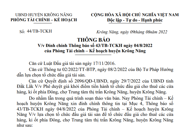 Thông báo về việc Đính chính Thông báo số 43/TB-TCKH ngày 04/8/2022 của Phòng Tài chính – Kế hoạch huyện Krông Năng